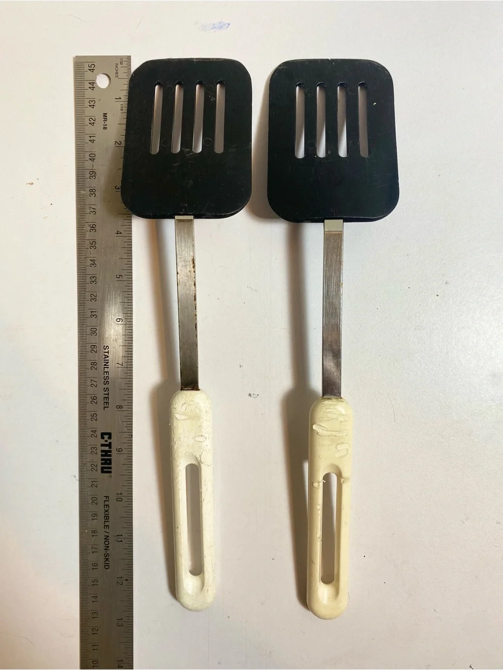 VTG Bonny USA Slotted Turner Spatulas Set of 2 Black Heads White Plastic Handles